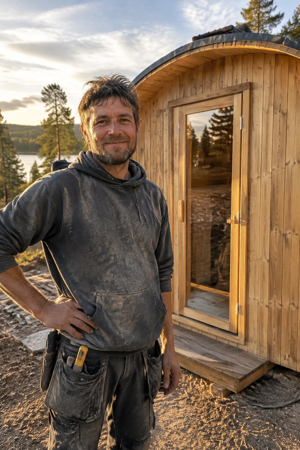 Artisan au travail devant un sauna en bois
