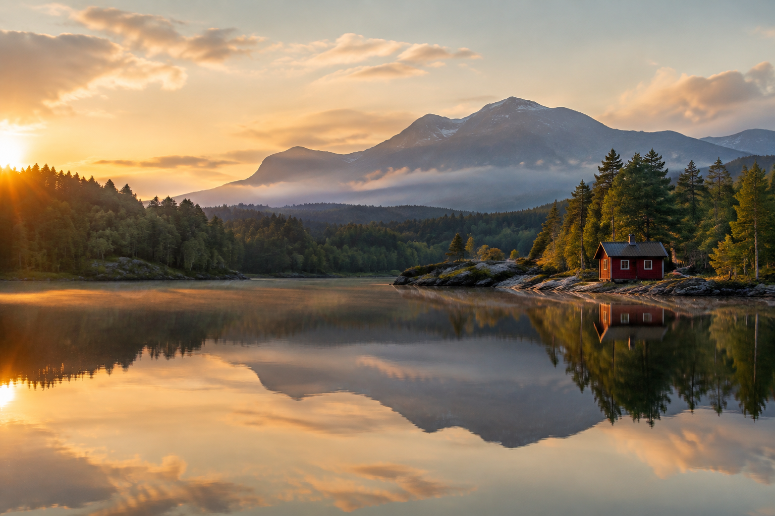 Paysage nordique au lever du soleil, lac, forêt et cabane rouge