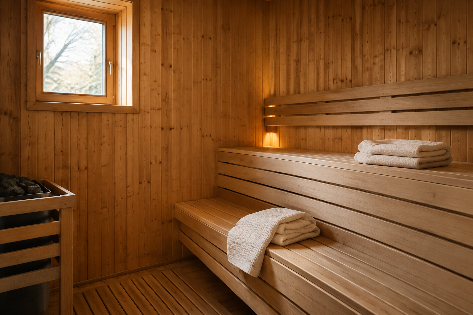 Intérieur d'un sauna en bois avec serviettes pliées