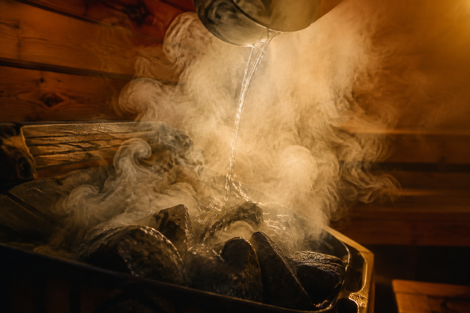 Vapeur et eau versée sur les pierres chaudes d'un sauna